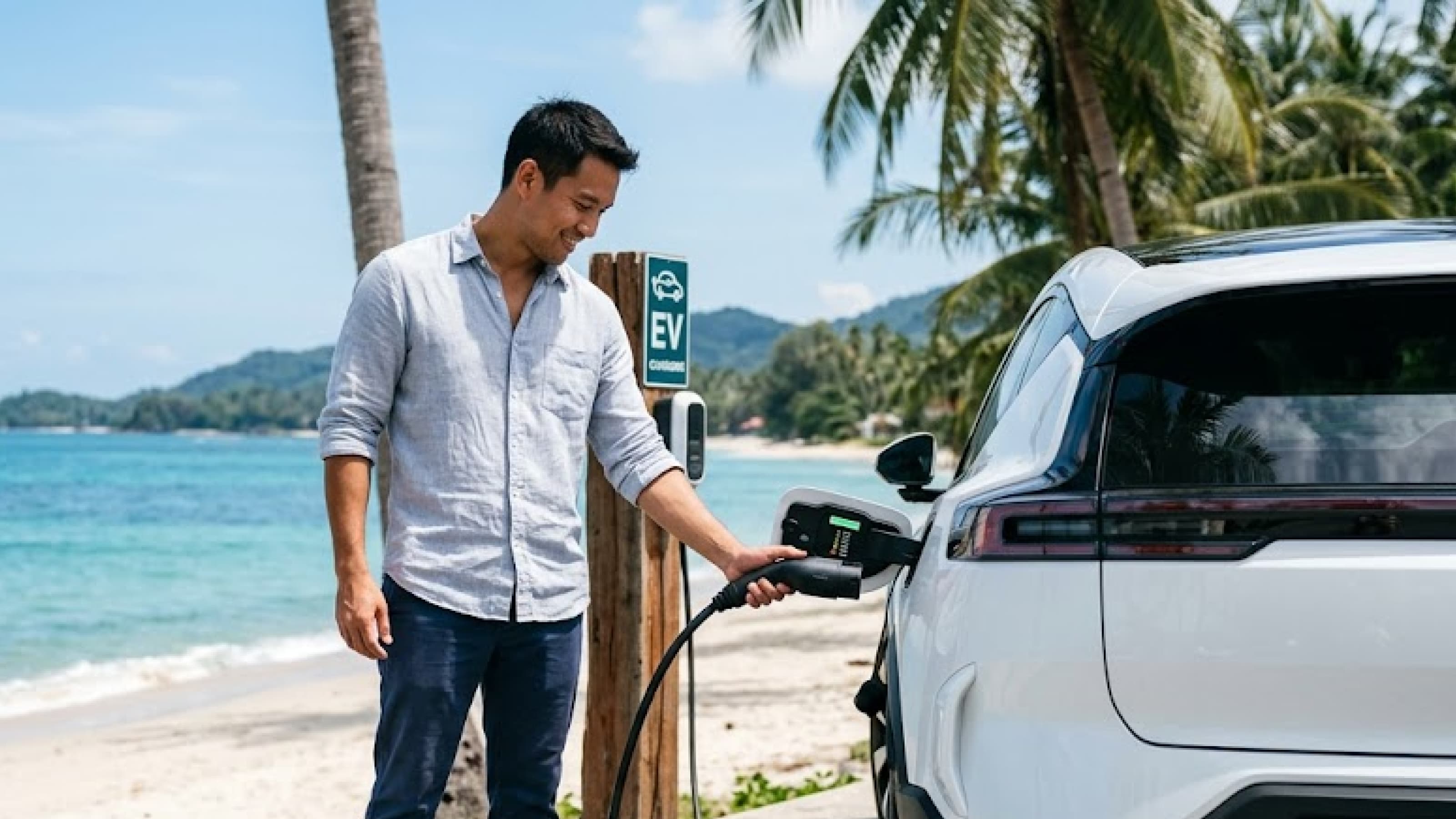 ชายกำลังชาร์จรถยนต์ไฟฟ้าที่จุดชาร์จ EV ริมชายหาดในประเทศไทย